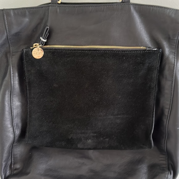 Clare V black leather tote with large suede outer pocket. Blue fabric lining. - Picture 3 of 11